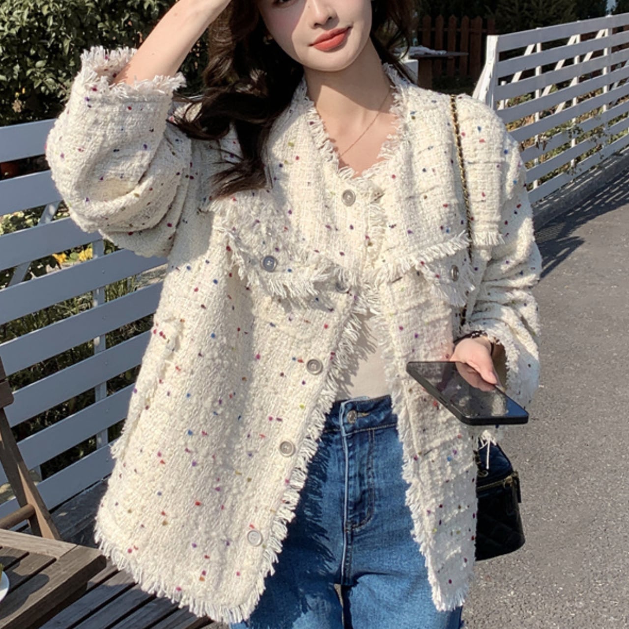 カラフル ドット フリンジ ツイード ジャケット