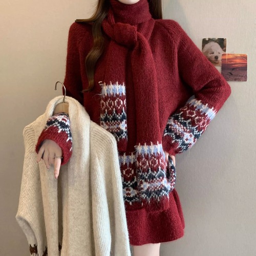 【3点セット】2色／フェアアイル柄クルーネックニットプルオーバー＋ミニスカ＋マフラー ・74051
