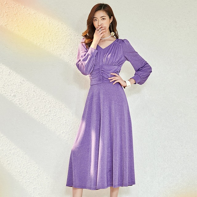 パープル ミモレ丈 ドレープ パーティードレス　ipd0265 