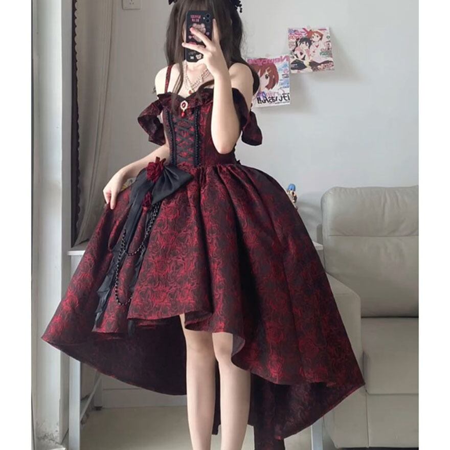 サブカル系 地雷ワンピース フィッシュテールスカート 薔薇 花柄