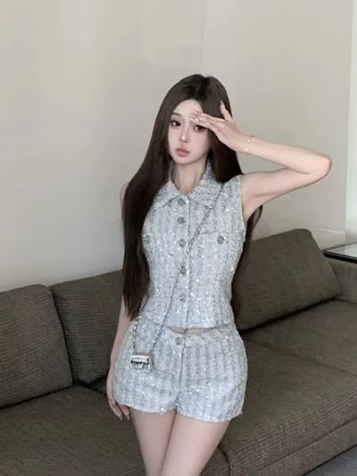 プチプラ》ノースリーブツイードセットアップ/キャバドレス/韓国 プチプラ》ノースリーブツイードセットアップ/キャバドレス/韓国