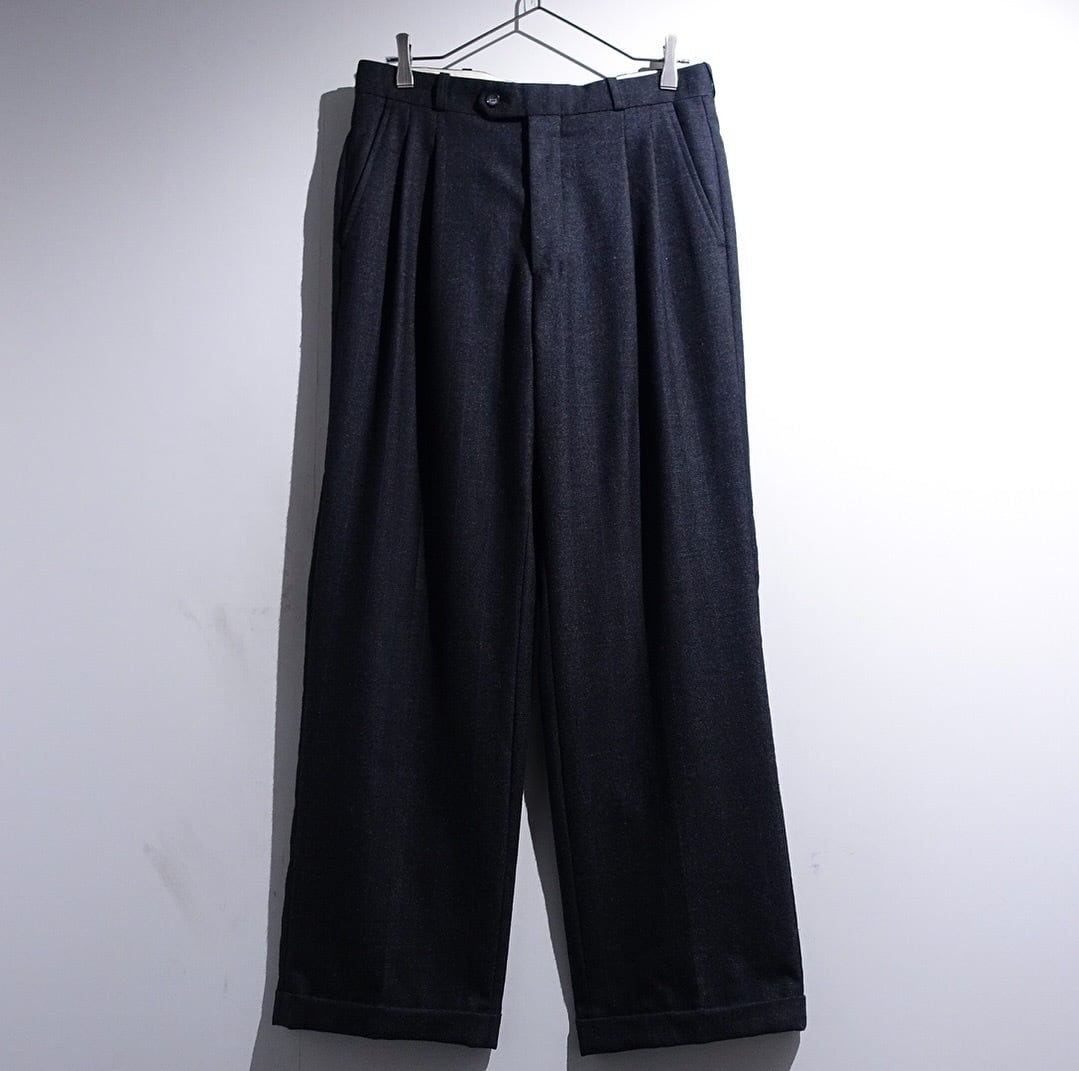 90s Charcoal Gray x Navy Stripe 2-Tuck Wide Double Wool Slacks