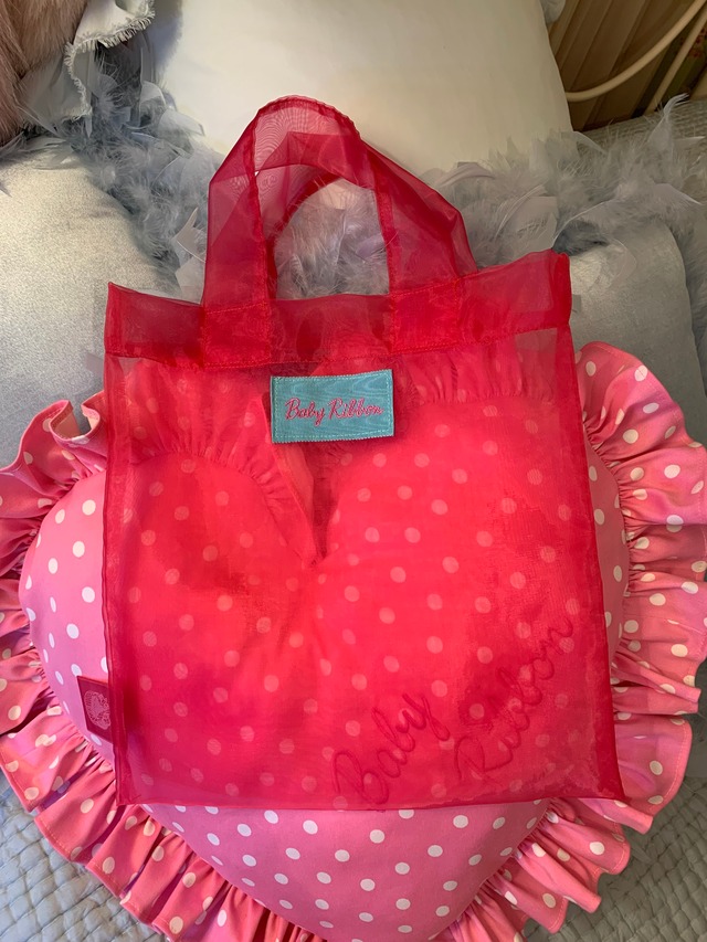 オーガンジートートBag赤　ロゼット付　ブルーサテンリボン  (220407)