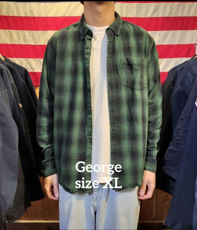 Used 長袖シャツ◆XL George オンブレチェック　ネルシャツ　グリーン×ブラック◆ヴィンテージ　USA古着
