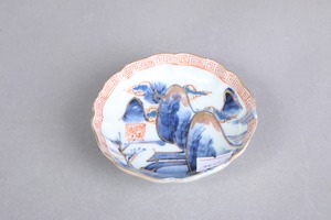 フチソゲ 高台ソゲ 伊万里焼 色絵 楼閣山水文 輪花 豆皿 B アウトレット