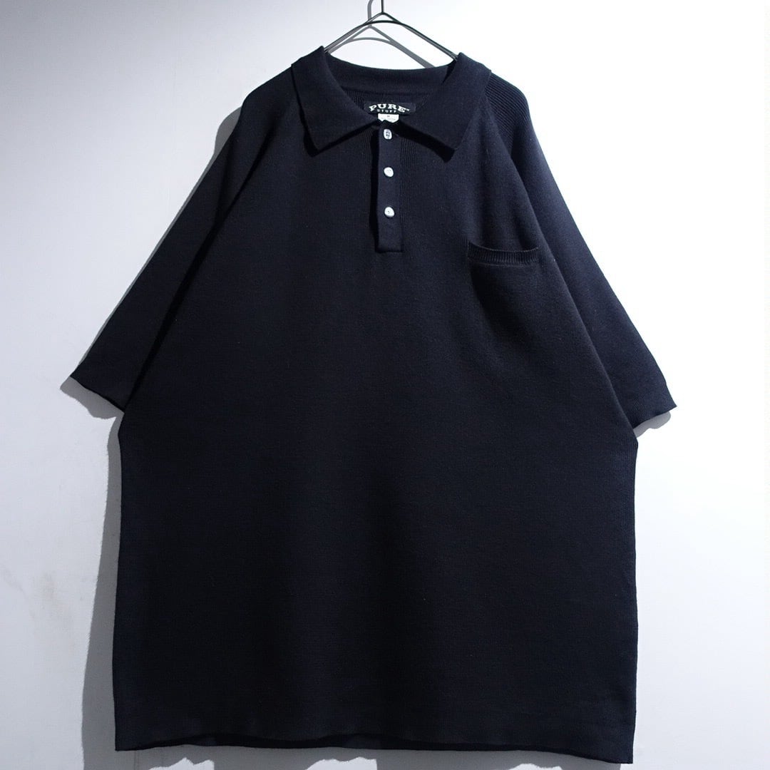 "PURE STUFF" Black Cotton Knit Polo Shirt