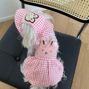 【PET】3色展開クマさんのチェック柄ワンピース＆帽子セット