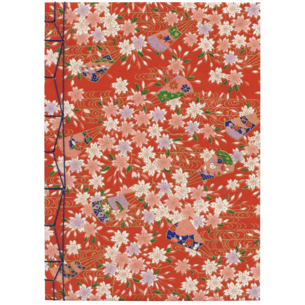 桜に扇 —Red background with cherry blossoms, fans and golden waves