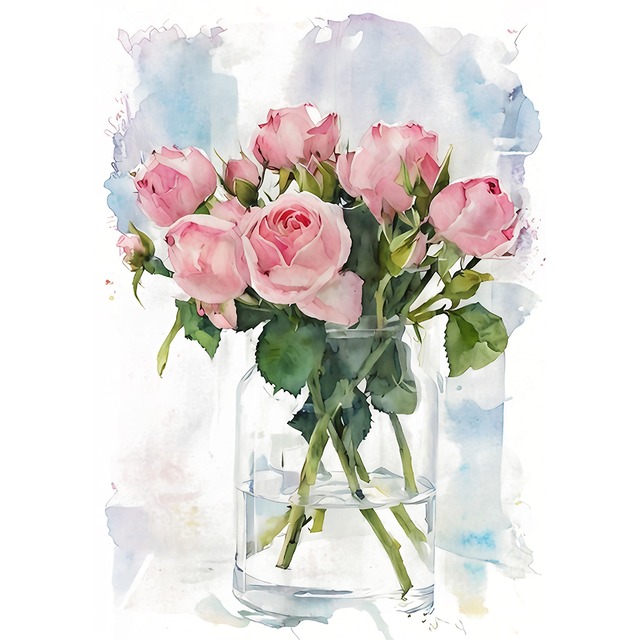 絵画 花(フラワー) ピンクのバラ インテリアアート額付き 水彩画・油絵調 WAT0624