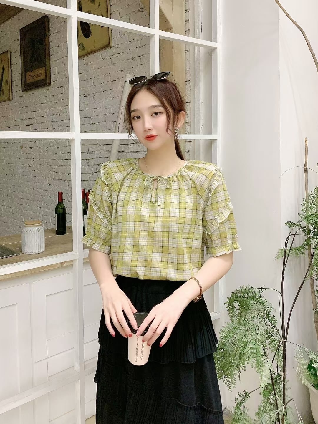 パフスリーブチェックブラウス　AJ3346-3066