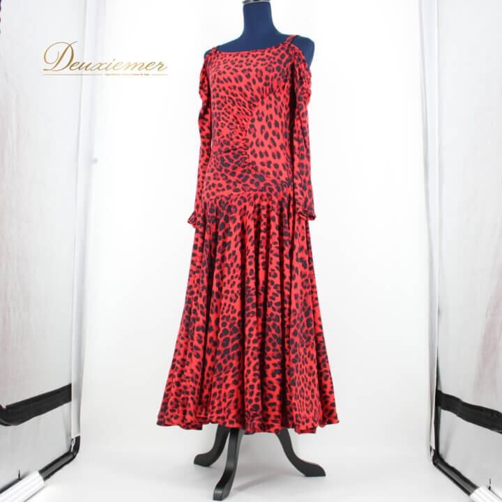 社交ダンス用ドレス 赤と黒 レオパード柄 ヨーロッパ製ラテンドレス