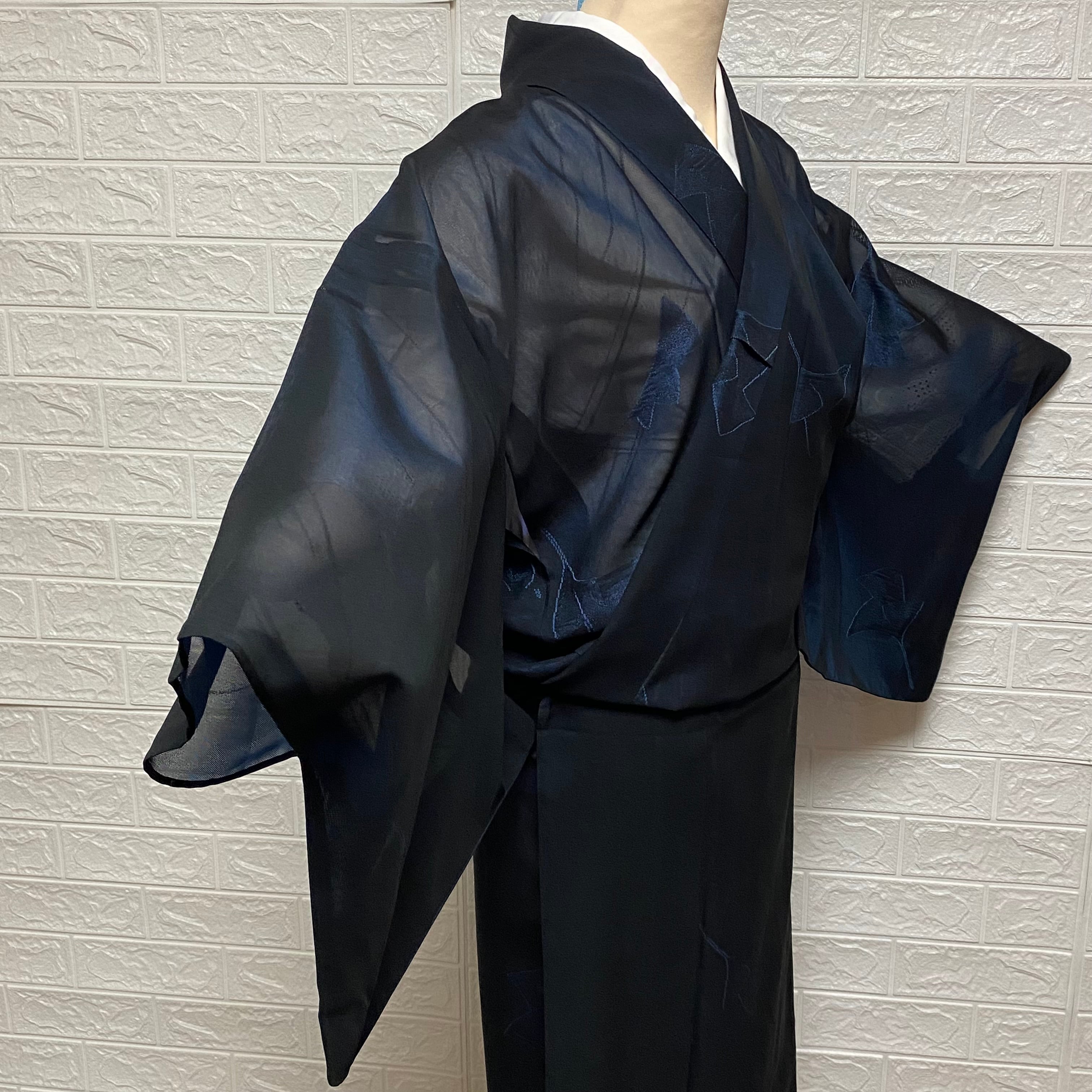 薄物 紗】夏着物 小紋 葉模様 黒色 紺色 着物 和洋 清涼感 昭和レトロ
