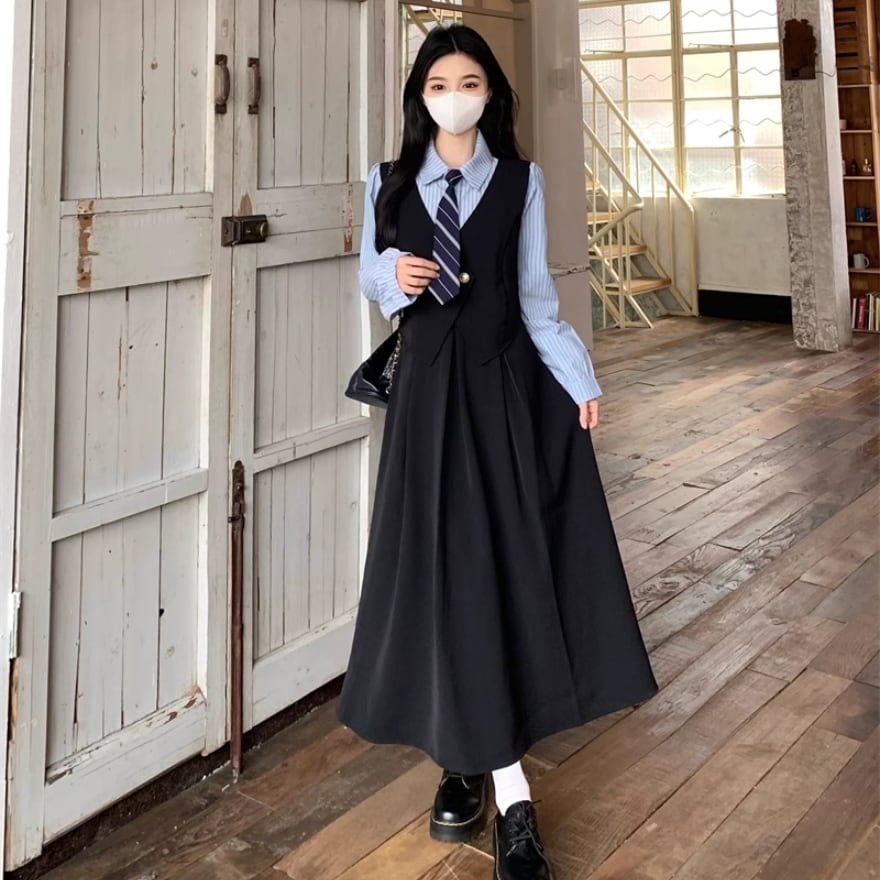 クラロリ フェイクワンピース ネクタイ付き 学園風 ロングスカート