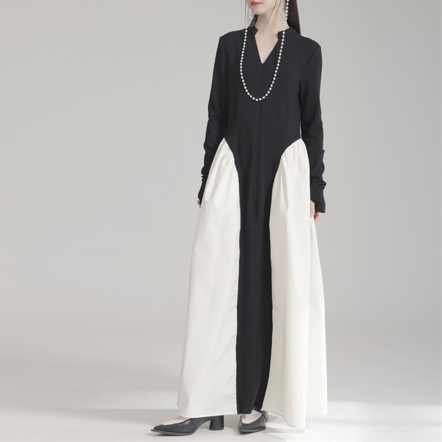 Color block design taffeta long dress C0975