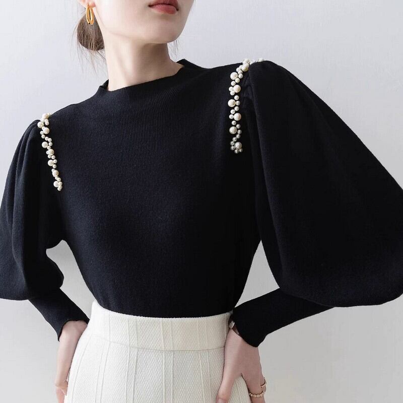 Pearl bejeweled puff sleeve knit
