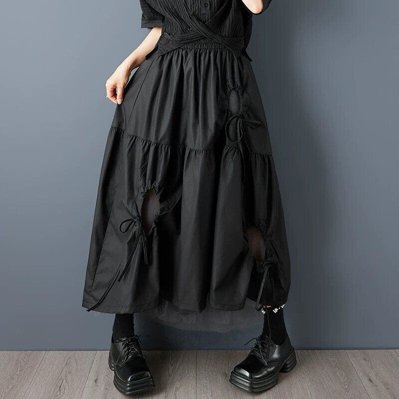 SOLID HOLE DESIGN A-LINE LONG SKIRT 2colors M-16178