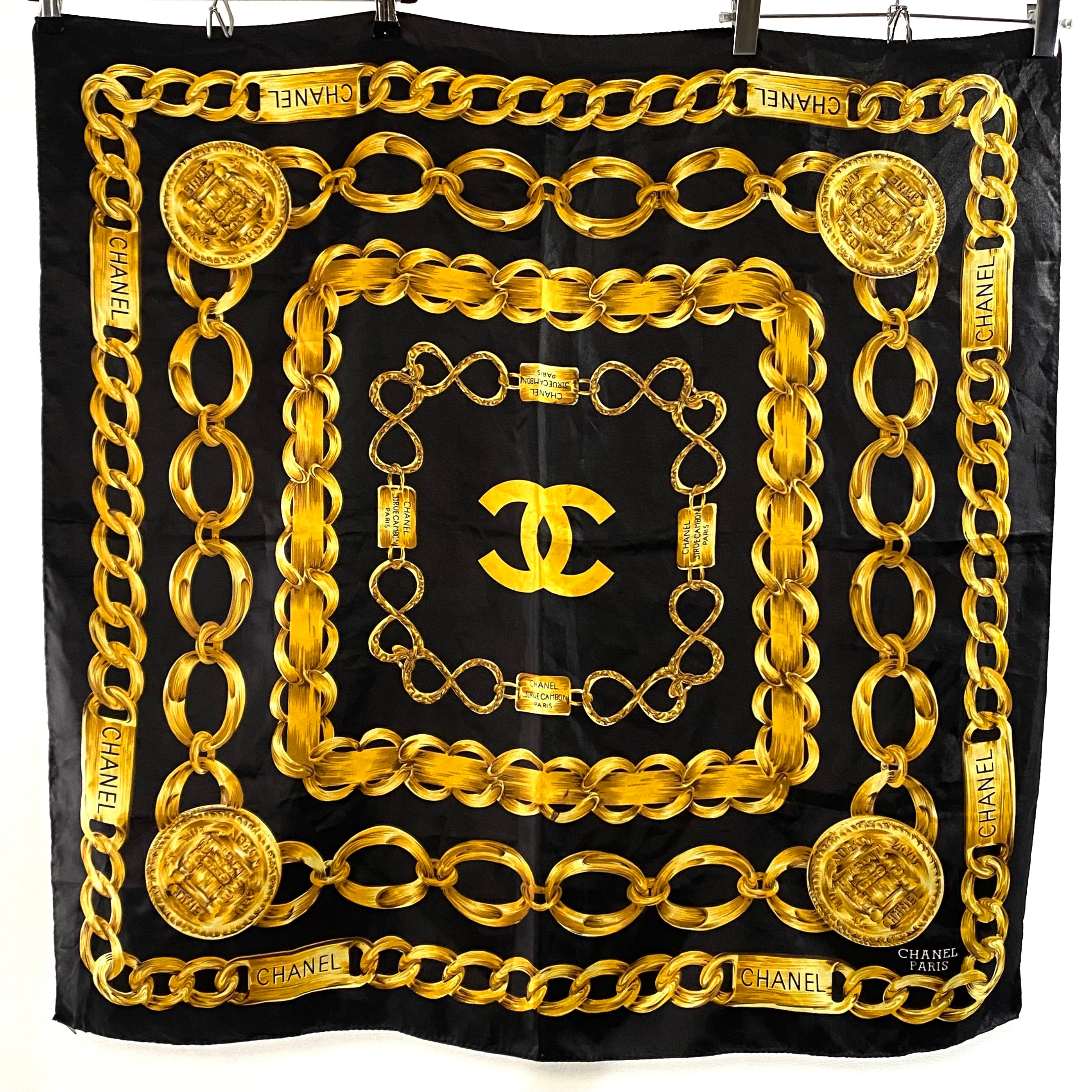 Vintage CHANEL Gold Chainz Big size Shawl Scarf Black 