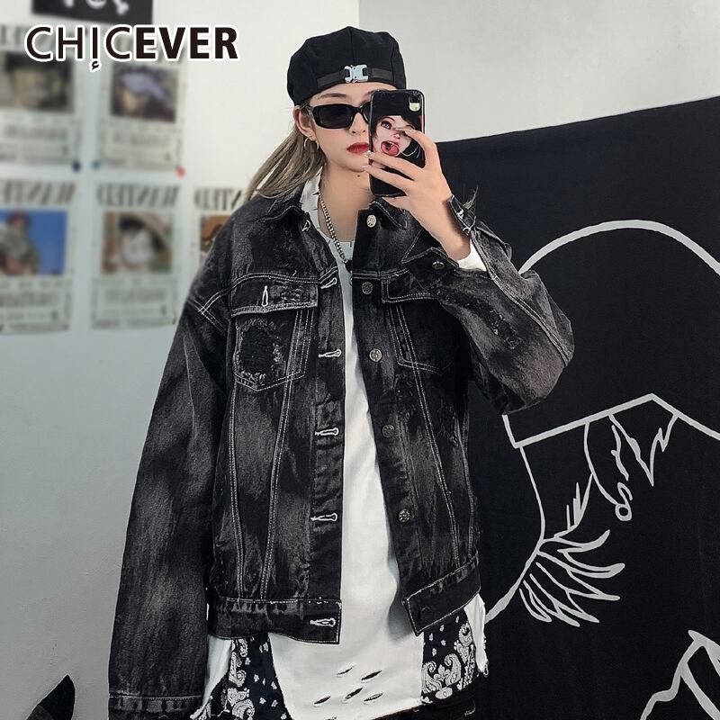 CHICEVERデニムジャケットレディースラペル長袖ヒットカラーパッチワークポケットバックホールレタープリントストリートウェアコート2020 ロング 6base569722503564