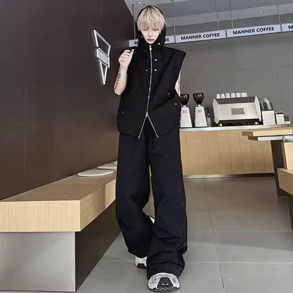 AutumnWind*日本未入荷 ノースリーブフーディ/パンツ 上下Set Up ブラックノースリーブフーディジップアップジャケット