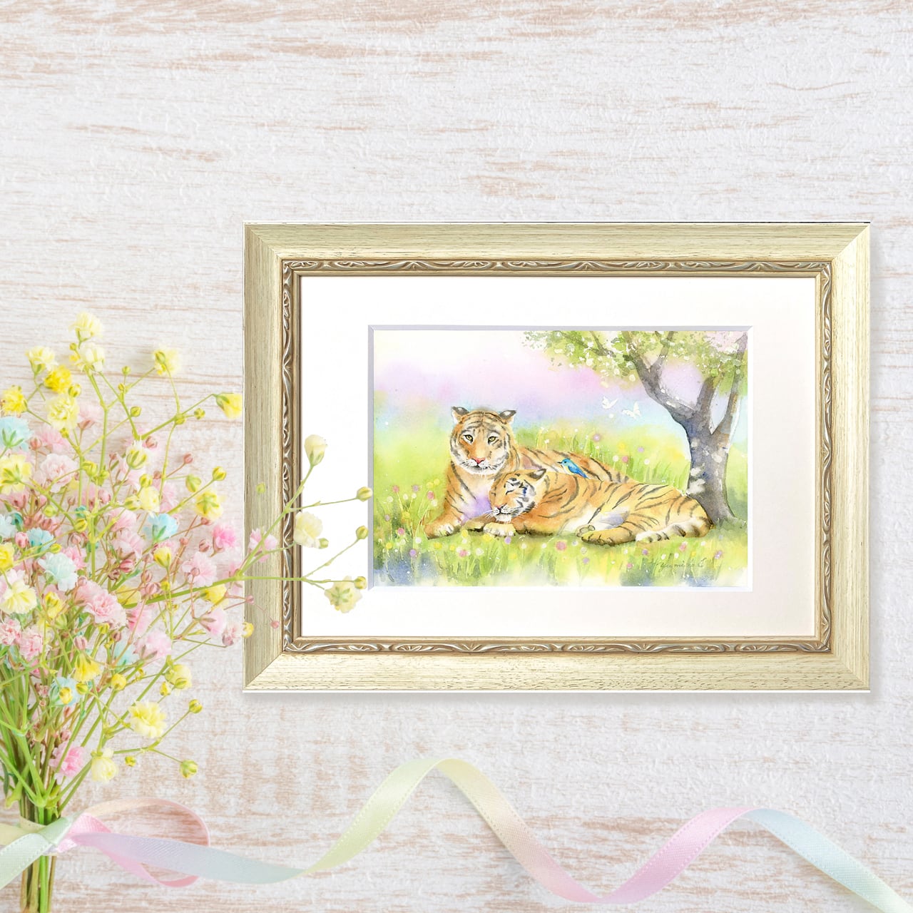 虎 トラ 原画 額装済み #02 原画 『虎の母子（おやこ）』 虎の絵 水彩画 干支 | PAY ID