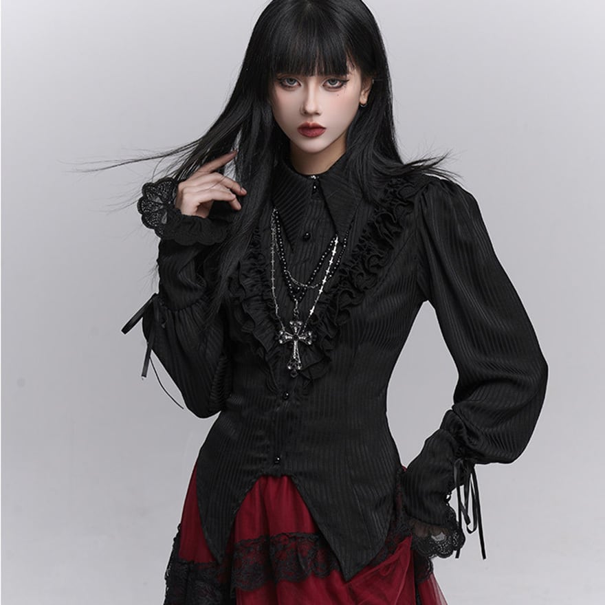 大人ゴシック ブラウス フリル×縦ラインデザイン ブラック モード