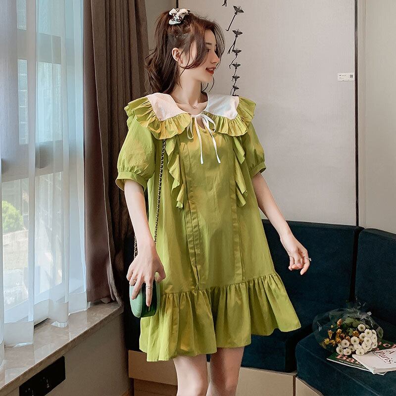 【新作】【送料無料】 マタニティウェア2020夏の新しい人形の襟の綿とリネンのステッチドレス、年齢を減らすミドル丈でトレンディなマタニティドレス-アリババ コットン サマー 夏物 expec252250474584