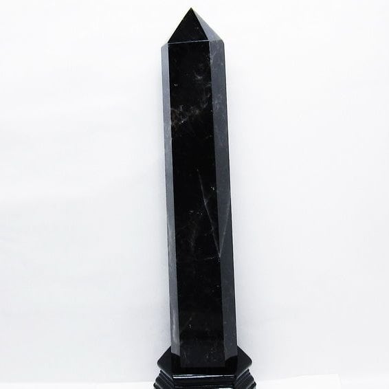 3.4Kg モリオン 黒水晶 六角柱 台座付属 一点物 162-435