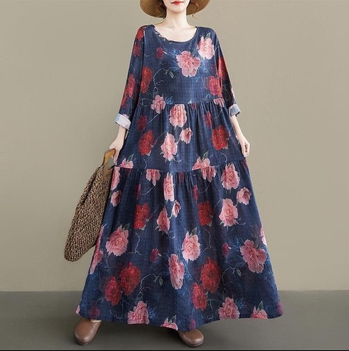 大きいサイズ 新品 春夏 ワンピース 花柄 4L ネイビー Aライン マキシ