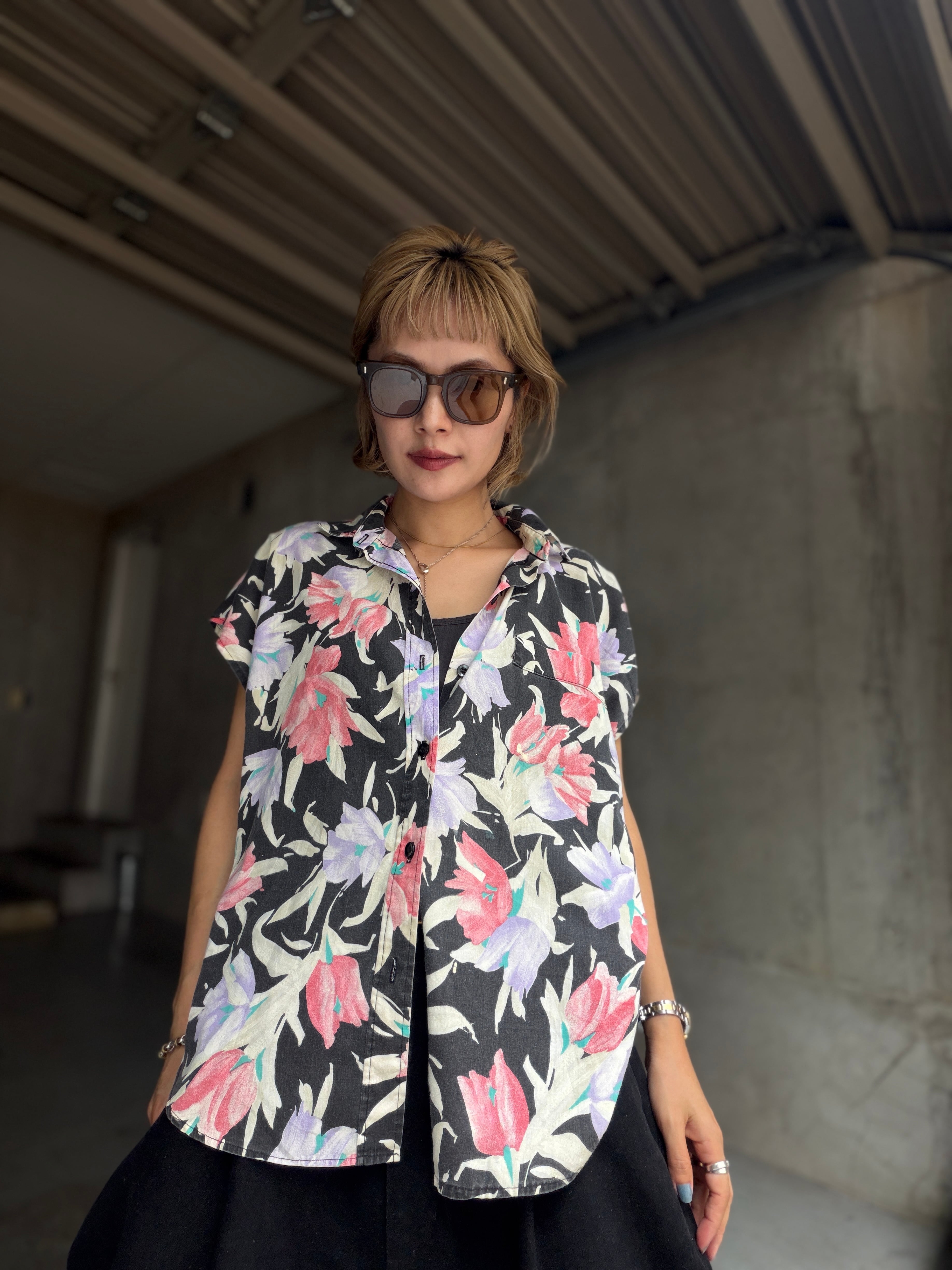 (SH1414)flower print French sleeve shirt made in U.S.A.