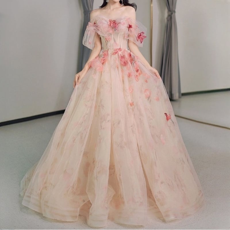 フラワーモチーフシフォンドレス D0121