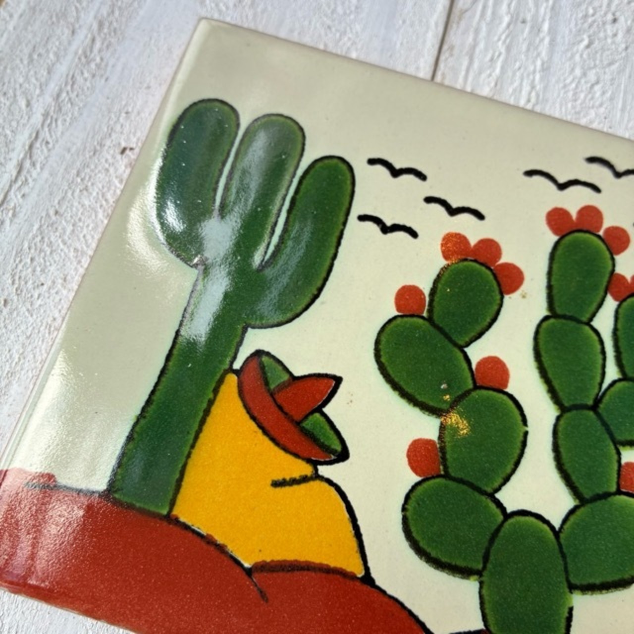 Mexico Talavera tile　メキシコタラベラタイル　001　サボテン　グリーン　ホワイト　10cm　コースター　鍋敷き　DIY　モザイクタイル　柄タイル　室内壁　室外壁　デザインタイル　レトロ　アートタイル　ハンドメイド