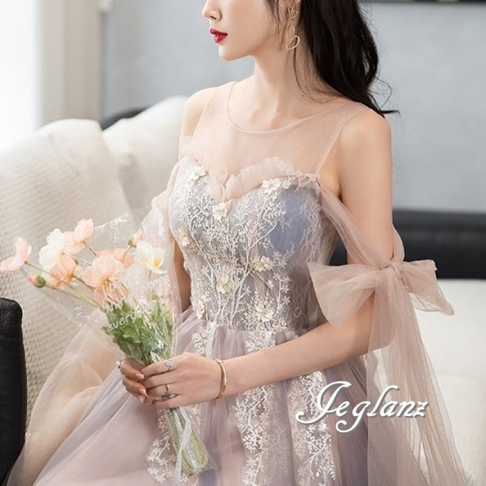 イブニングドレス ノースリーブ 刺繍 チュール 袖リボン 編み上げ ♪(M9241)ζ