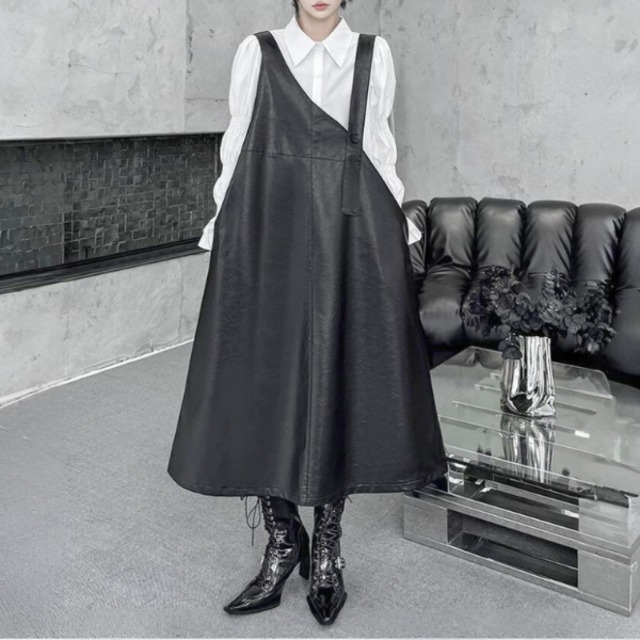 Asymmetric strap leather onepiece C1283