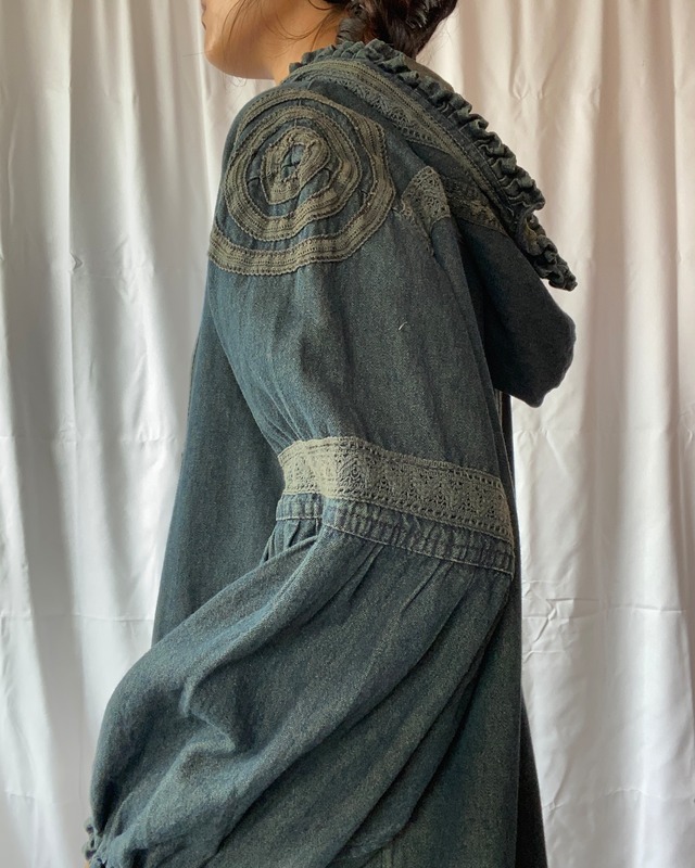 denim long coat with lace detail