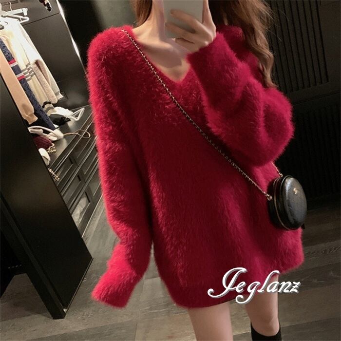 5色 モヘヤ ニット 長袖 ワンピース Vネック カジュアル 韓国 ♪(MB050)λ