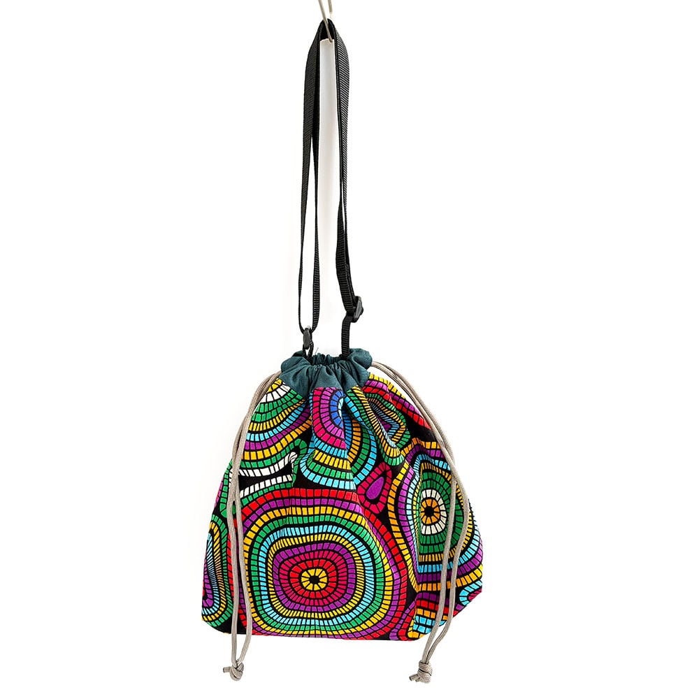 ころころ巾着ショルダーバッグ アフリカンプリント モザイクサークルガーデン 斜め掛け ショルダーバッグ 携帯