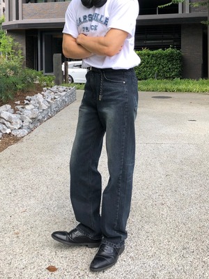 Vintage Cat Washed Semi Wide Denim [Dark Blue]