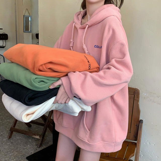 フードスウェット オータムウィンターベルベットルーズトップス ピンク 秋物 冬物 試着室39807961592