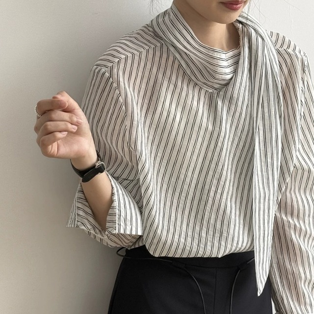 ストライプボウタイブラウス　0150
