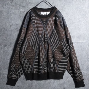 Geometric pattern leather switching design knit