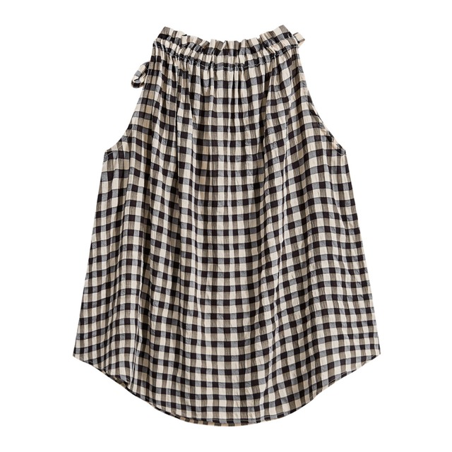 gingham check ribbon tie sleeveless blouse L0543