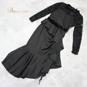 社交ダンス 衣装 ラテン スタンダード ドレス ワンピース レッスンウェア パーティドレス レディース YJFY ブラック系 黒 レース 長袖 107cm 着丈 ストレッチ ファスナー 伸縮性 女性用 おしゃれ パーティー ダンス用 体型カバー 上品 レディス ルーズフィット イベント用 フェミニン シンプル スタイリッシュ 通気性 体型別デザイン 特別な日 アシンメトリー