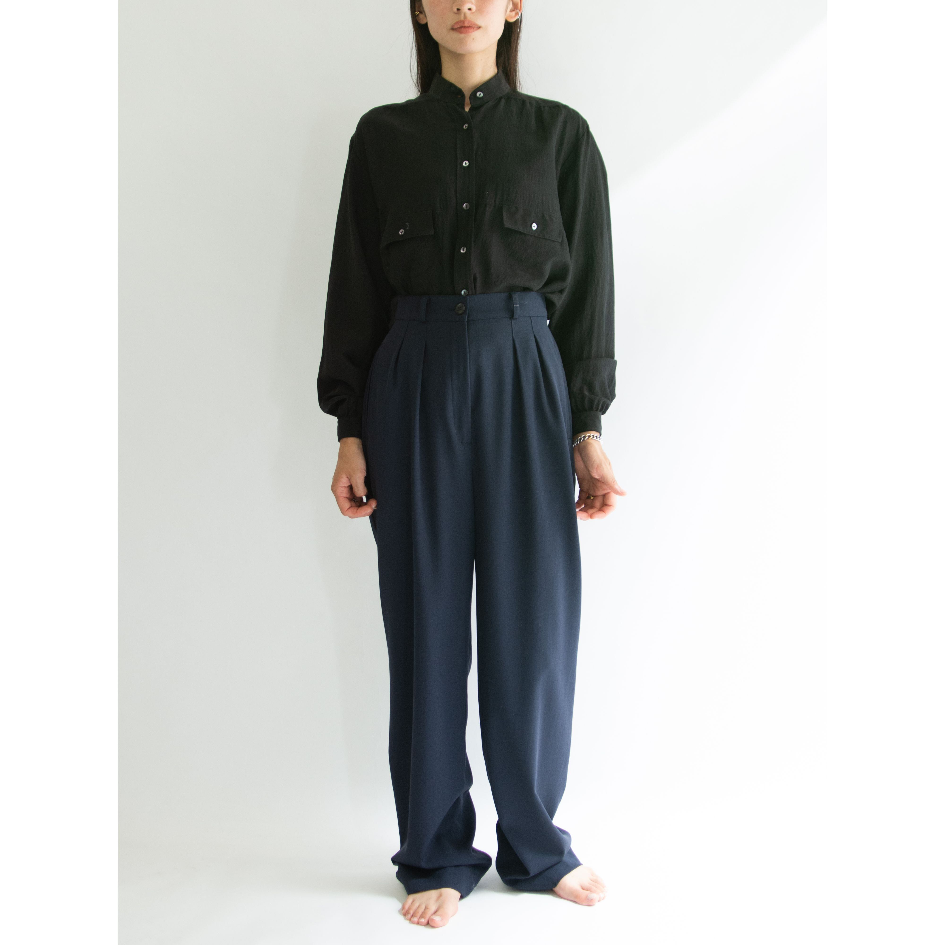 【Valentino Garavani】Made in France Wool-Silk Band Collar Blouse(ヴァレンティノガラヴァーニ フランス製ウールシルクバンドカラーブラウス 長袖シャツ)