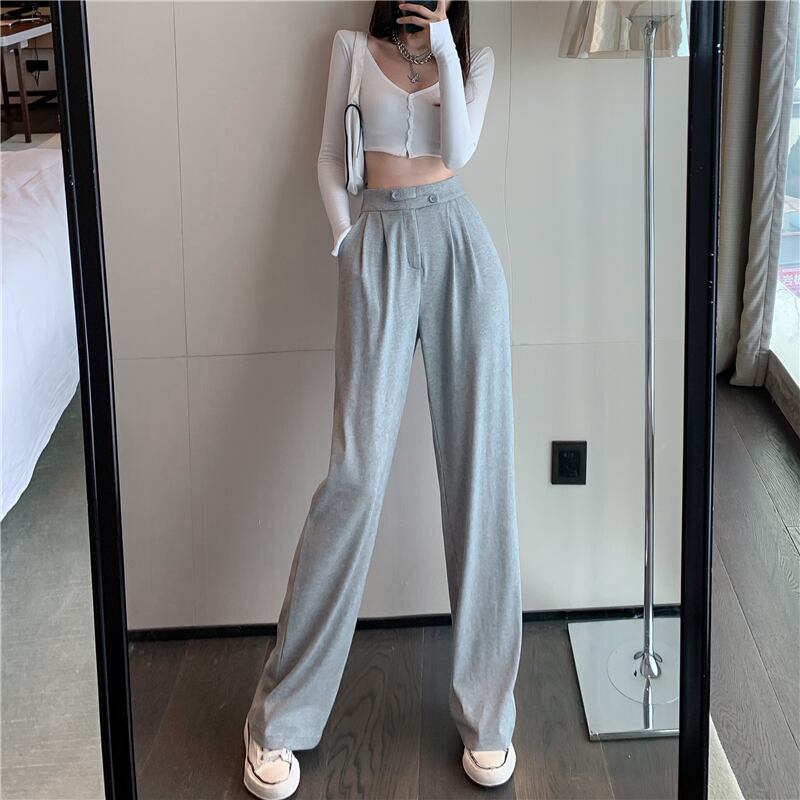 グレーシックニットルーズワイドレッグカジュアルパンツレディース秋ハイウエストストレートドレープパンツモップパンツ ブラックストロベリース99265621059