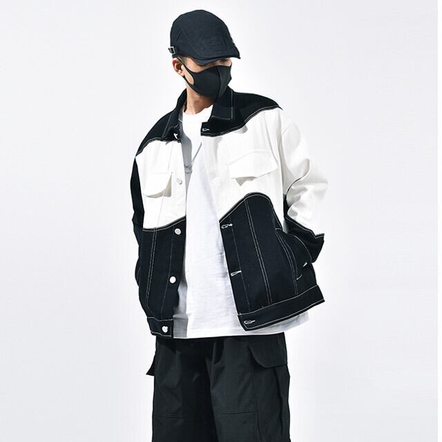 ジャケット メンズ アウター ユニーク アシンメトリー バイカラー ブラック×ホワイト M/L/XL/2XL