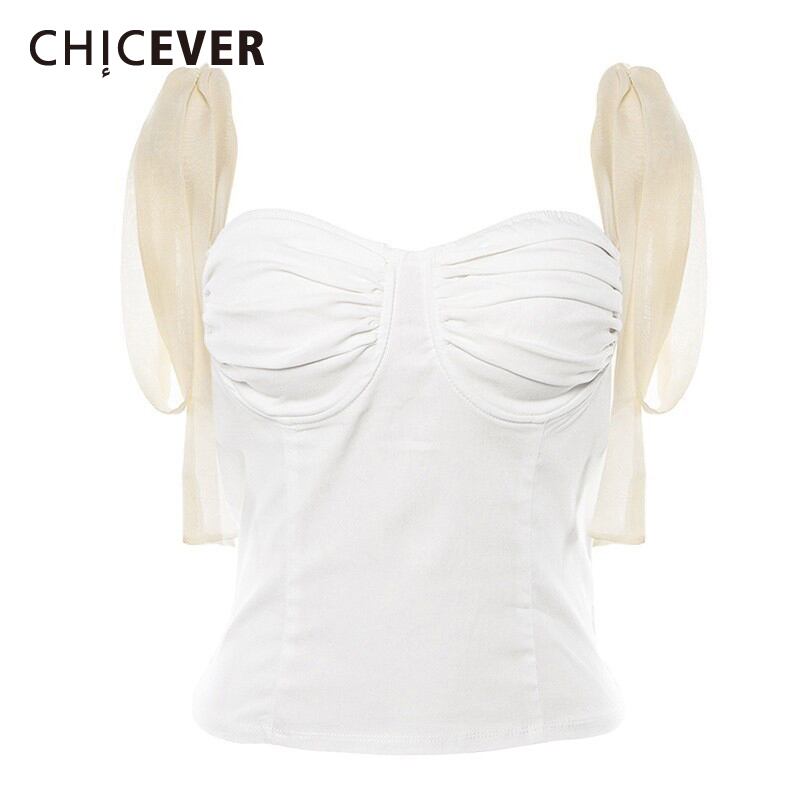 CHICEVERホワイトキャミストップスレディースノースリーブオフショルダーパッチワークレースアップスリムセクシーベストクロップトップ2021タイド 6base54175548587