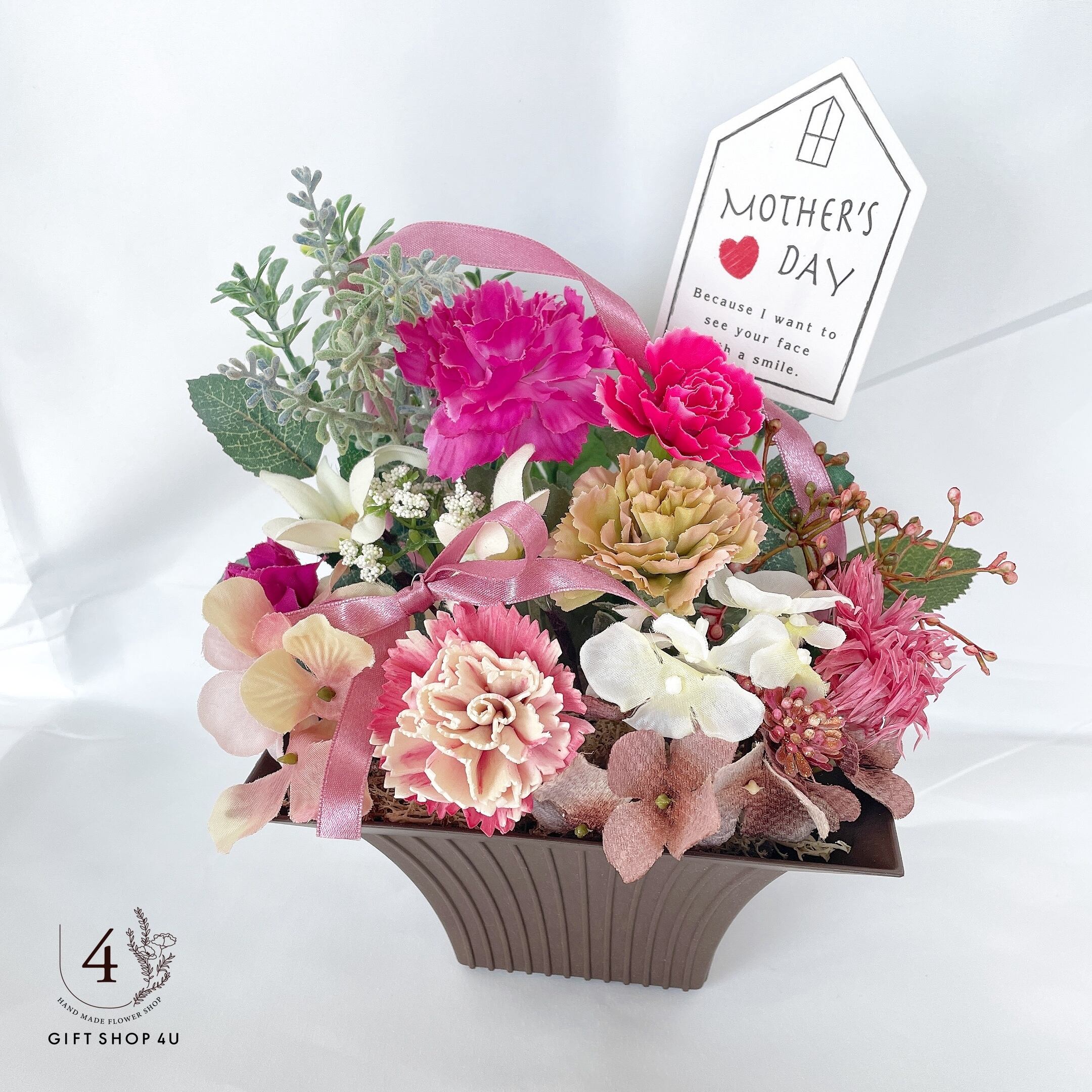 母の日 母の日アートフラワーアレンジメント ピンク ラッピング代込み カーネーション 母の日 １７ 4u