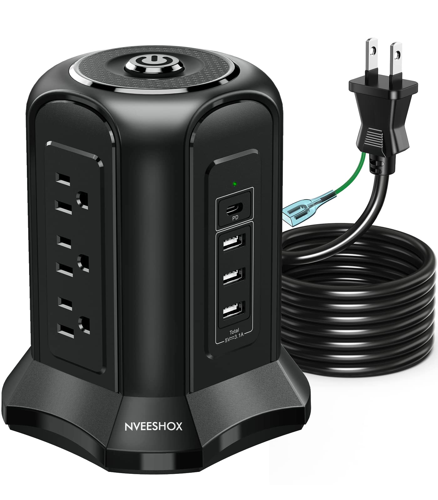 【努力特価】NVEESHOX 電源タップ タワー型 usb コンセント Type-C付 延長コード 5m 雷ガード 9個AC口 4個USBポート テーブルタップ OAタップ たこあしコンセント 過負荷保護 安全保護機能 自宅用 会社用 1年間品質 ブラック…