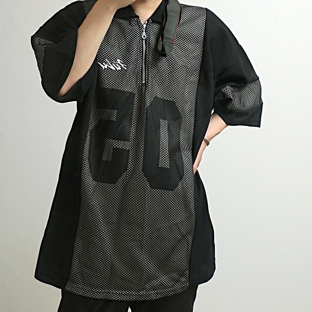 90s FUBU ”Meshu layer” ナンバリング ハーフジップ デザイン ポロシャツ 古着 used