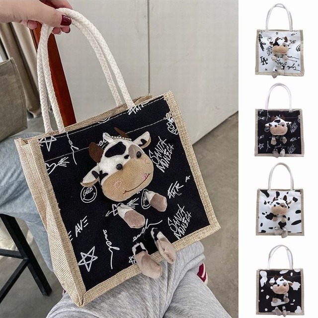 牛のぬいぐるみ付き 麻バッグ ハンドバッグ キャンバスバッグ ミニバッグ ジッパー シンプル レトロ / Plush graffiti small cloth handbag (DTC-645763293132)